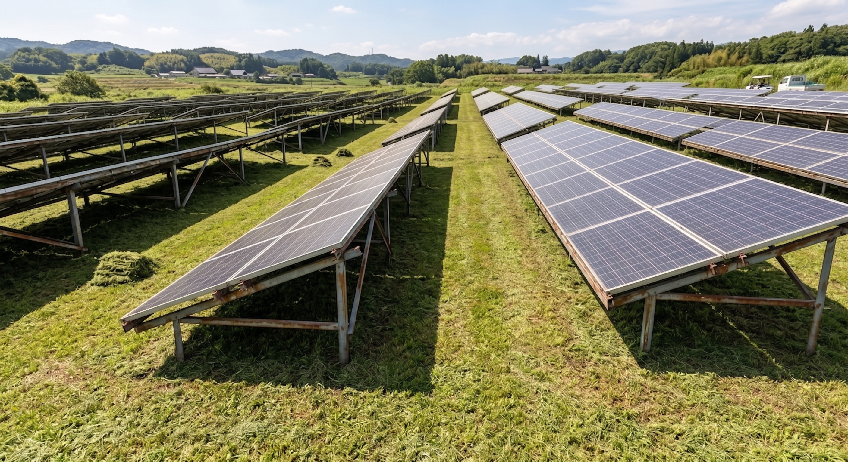 施工後：パネル周辺・通路をすっきり除草した状態